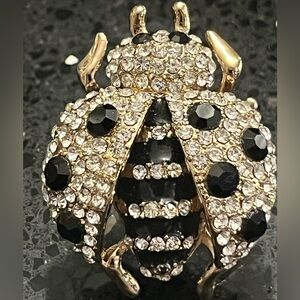 Lucky LADYBUG Black White Pave Big Crystal Dome Cocktail Ring
